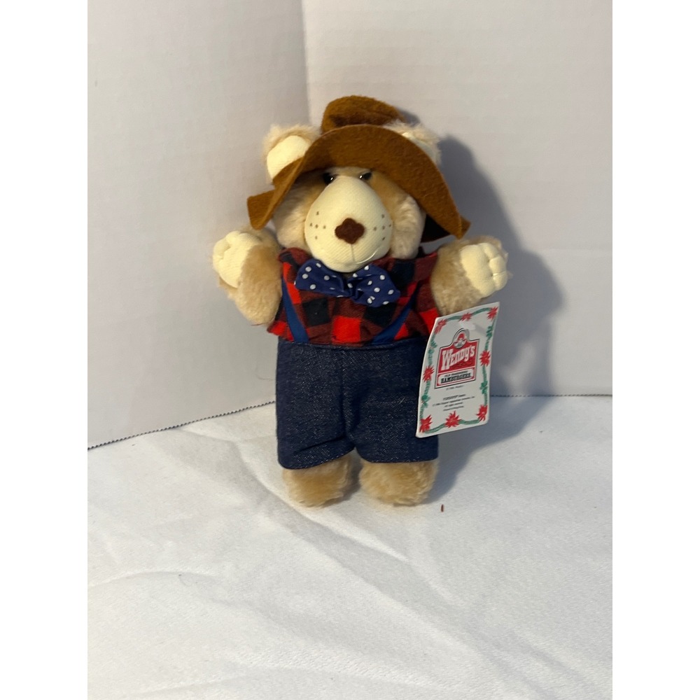 Vintage 1986 Wendy's Furskins Bears Happy Holidays Plush Toy Red Plaid Outfit